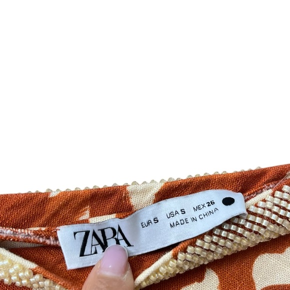 Zara Orange Terracotta Beaded Print Maxi Skirt Linen Blend Size Small - Picture 9 of 11